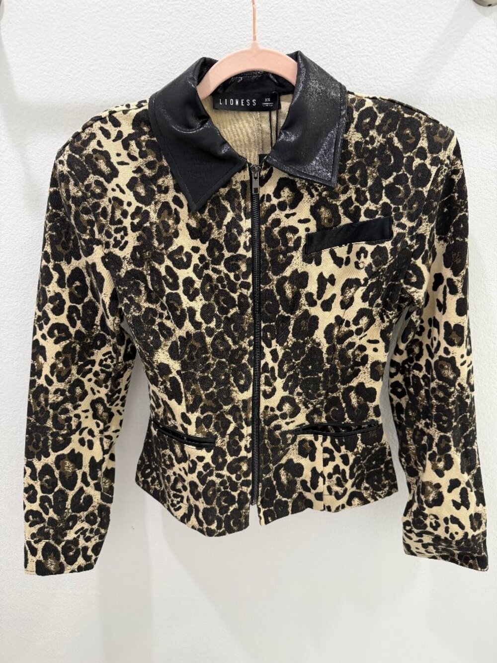 Lioness Soho Jacket Leopard Print Faux Leather Collar Size XS NWT